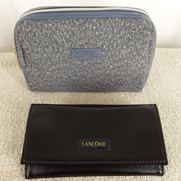 LANCOME Makeup Bag + Clutch, 9"x 6" Zippered Cosmetic Pouch, Gold on Blue, Black - Picture 1 of 16